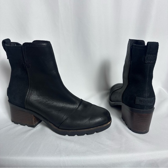 Sorel Women’s Cate Booties Black Heeled Leather Suede Boots sz 7.5 - Picture 3 of 12